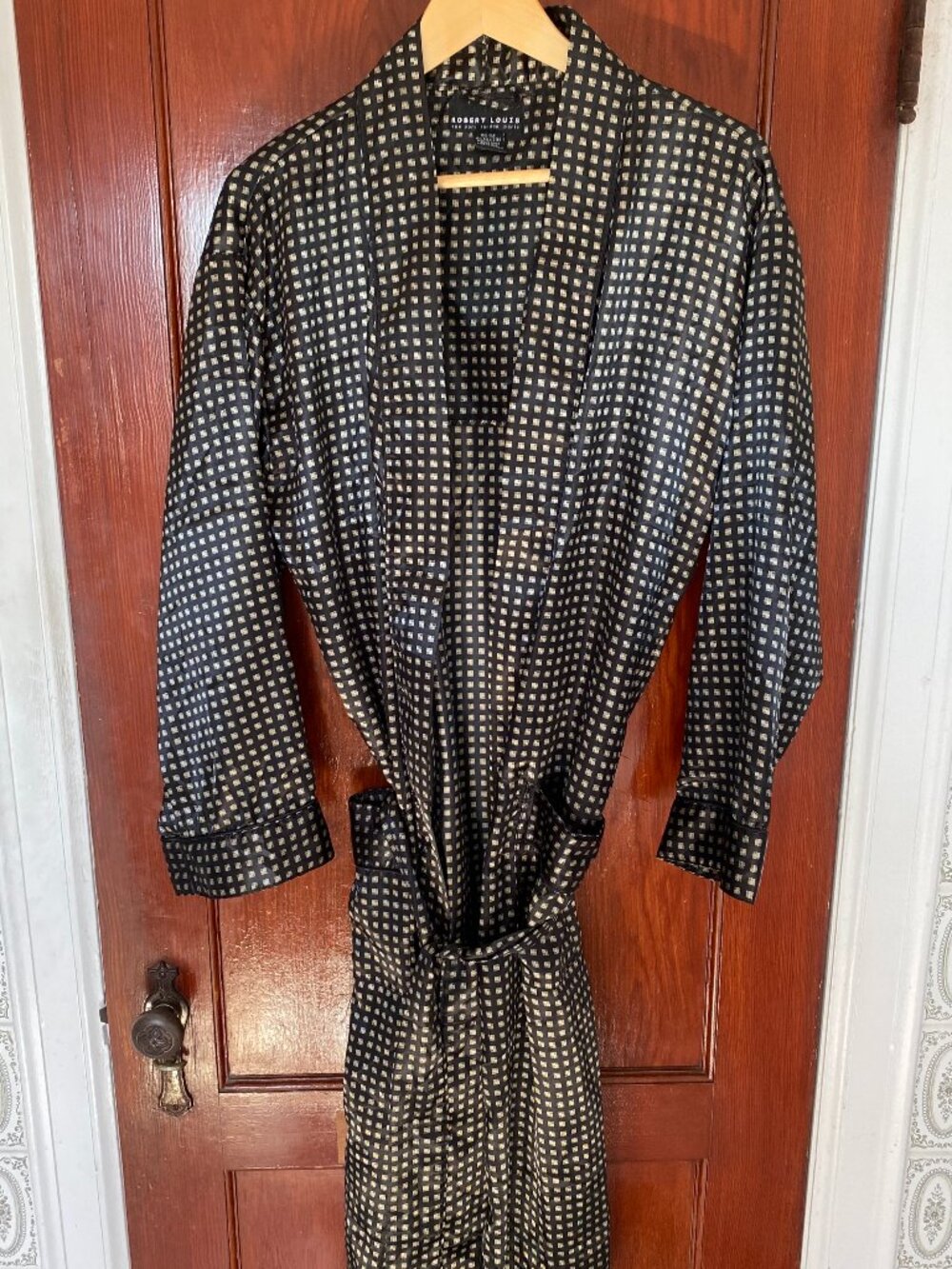 Robert Louis Silk Robe Mens One Size Smoking Jacket Lounge Geometric Housecoat